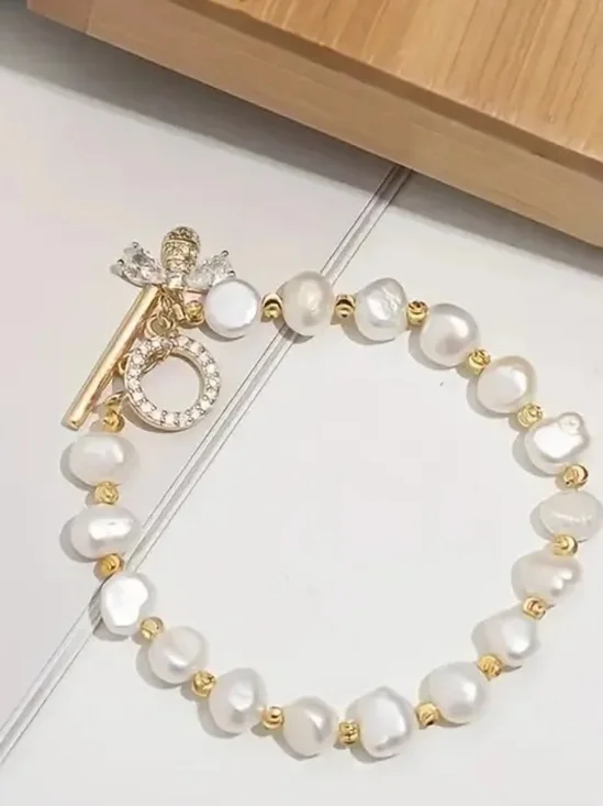 Elegant Gold & White Pearl Charm Bracelet - Women Jewelry - Picture 2 of 4